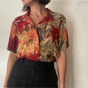 Vintage tropical print button down blouse